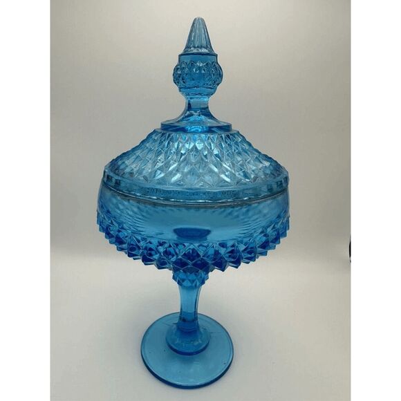 Vintage Indiana Glass Capri Diamond Point Lidded Pedestal Compote - Candy Dish - Picture 1 of 5